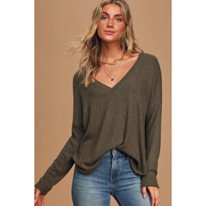 Lulus Just Vibing Olive Green Ribbed V-neck Sweater Top - Size M